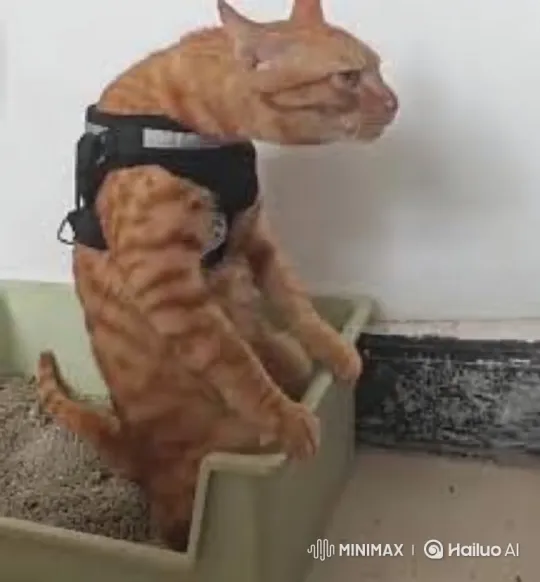 Ginger Cat with Elongated Neck in Curious Litter Box Scene – AI Generated Video | Hailuo AI