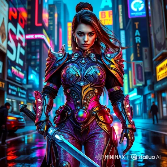 Female Warrior's Graceful and Powerful Dance in Neon City – AI Generated Video | Hailuo AI