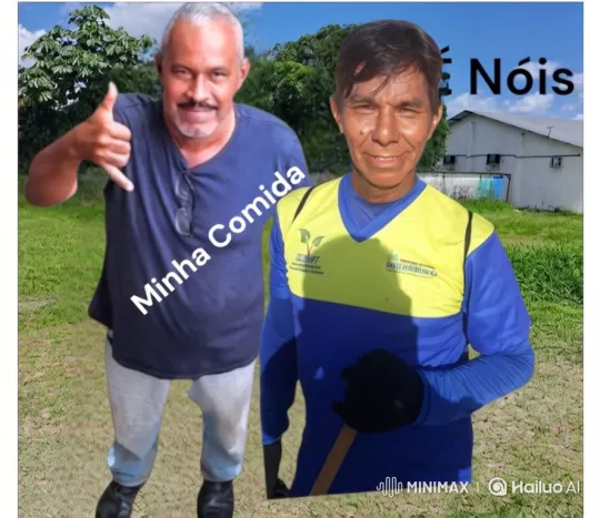 Two Men in Field with 'Minha Comida' and 'É Nóis' Overlays – AI Generated Video | Hailuo AI