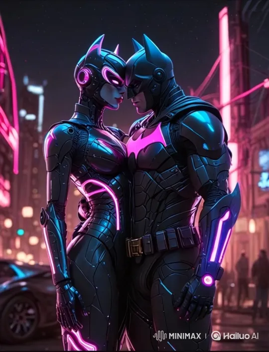 Batman and Catwoman's Intimate Dance in a Futuristic Cityscape – AI Generated Video | Hailuo AI