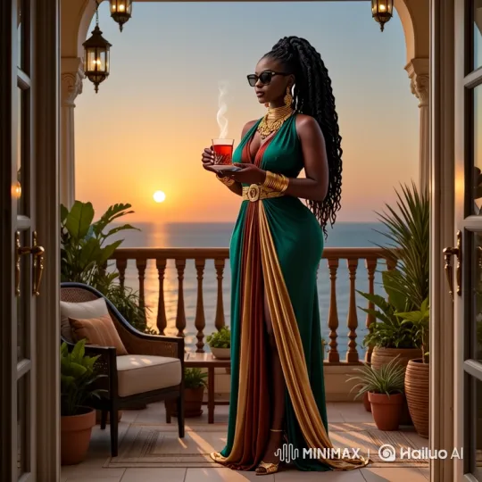 Elegant Woman Sips Tea on Sunset Balcony Over Ocean – AI Generated Video | Hailuo AI