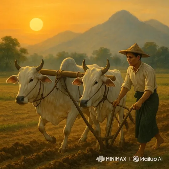 Southeast Asian Farmer Plowing Field at Sunrise – AI Generated Video | Hailuo AI