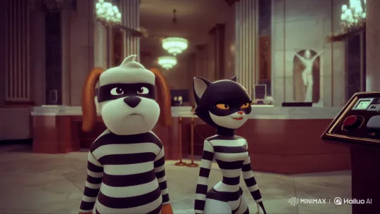 Anthropomorphic Cat Exposes Herself as Secret Agent in Bank Heist – AI Generated Video | Hailuo AI