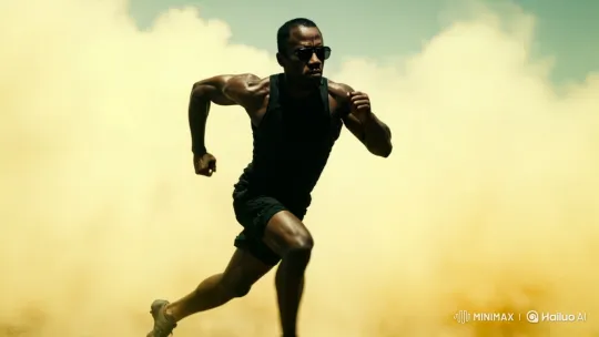 Man Transforms from Running to Flying, Eating Sandwich in Winter Scene – AI Generated Video | Hailuo AI
