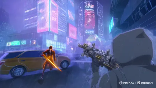 Teenage Foes Clash with Futuristic Weapons in Collapsing Neon City – AI Generated Video | Hailuo AI