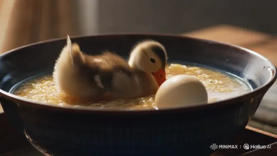 Duck Bathes in Ramen Using Egg as Buoy – AI Generated Video | Hailuo AI