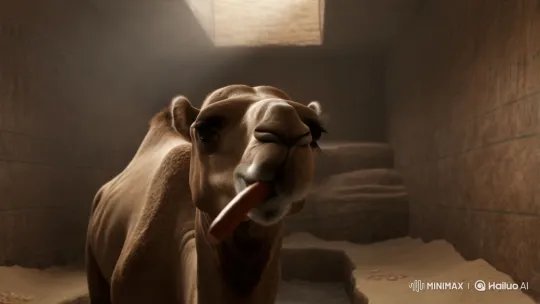 Camel Enjoying Sucuk in Ancient Pyramid – AI Generated Video | Hailuo AI