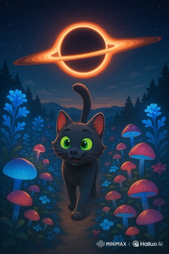 Mysterious Night Walk of a Luminous Cat in Cosmic Forest – AI Generated Video | Hailuo AI