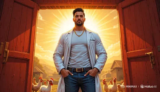 Strong Man in Lab Coat Stands in Sunlit Barn – AI Generated Video | Hailuo AI