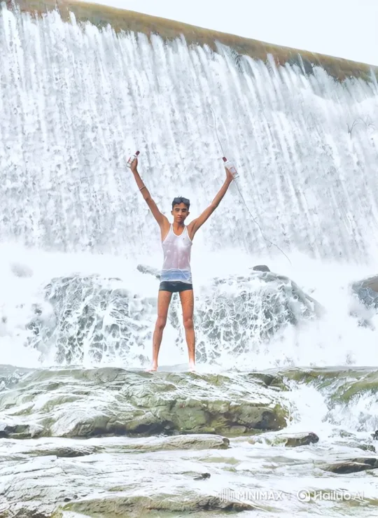 Young Man Celebrates at Base of Vast Waterfall – AI Generated Video | Hailuo AI