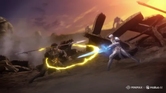Dusk Duel: Dark & Silver Knights Clash in Ruined Battle – AI Generated Video | Hailuo AI