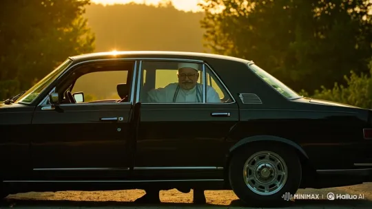 Elderly Man Prepares to Exit Classic Sedan in Golden Afternoon Light – AI Generated Video | Hailuo AI