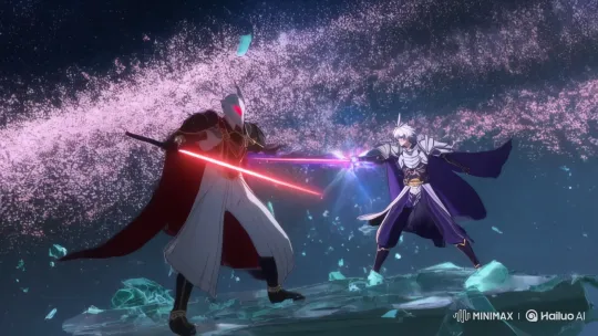 Anime-style: Samurai and Knight Duel on Floating Shrine in Space – AI Generated Video | Hailuo AI