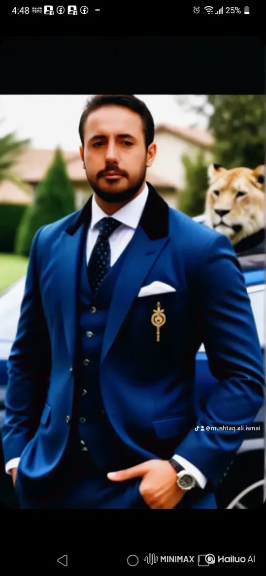 Dapper Man in Suit with Lion, Steady Gaze – AI Generated Video | Hailuo AI