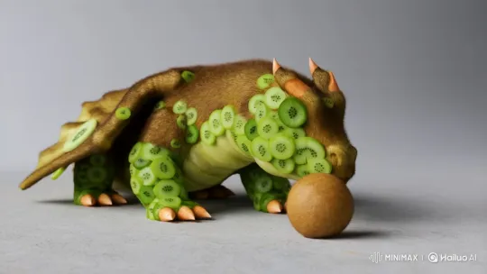 Kiwi Dragon Eats Whole Fruit in Whimsical Hyperrealistic Scene – AI Generated Video | Hailuo AI