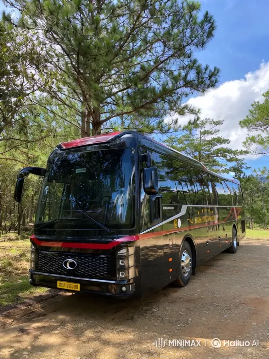 Black Coach Bus Performs Wheelie, Speeds Off in Forest – AI Generated Video | Hailuo AI