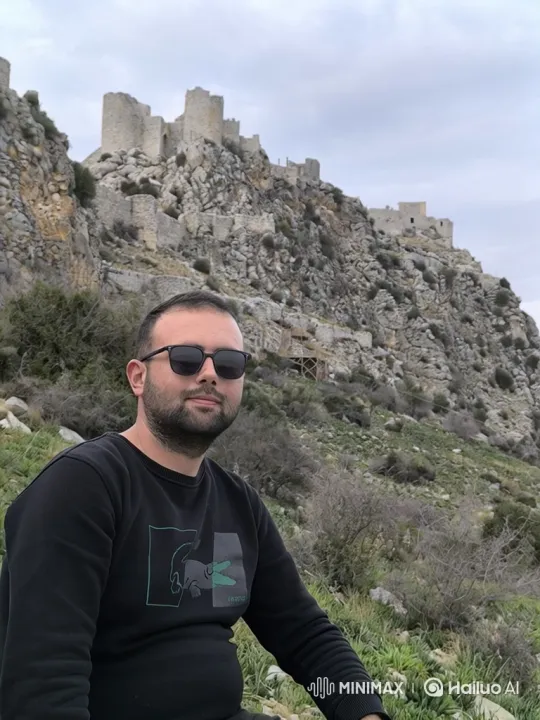 Man on Hillside with Castle Ruins Panorama – AI Generated Video | Hailuo AI