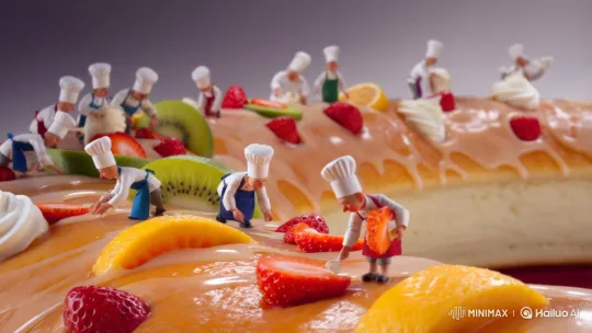 Giant Fruit Éclair Decoration by Tiny Chefs – AI Generated Video | Hailuo AI