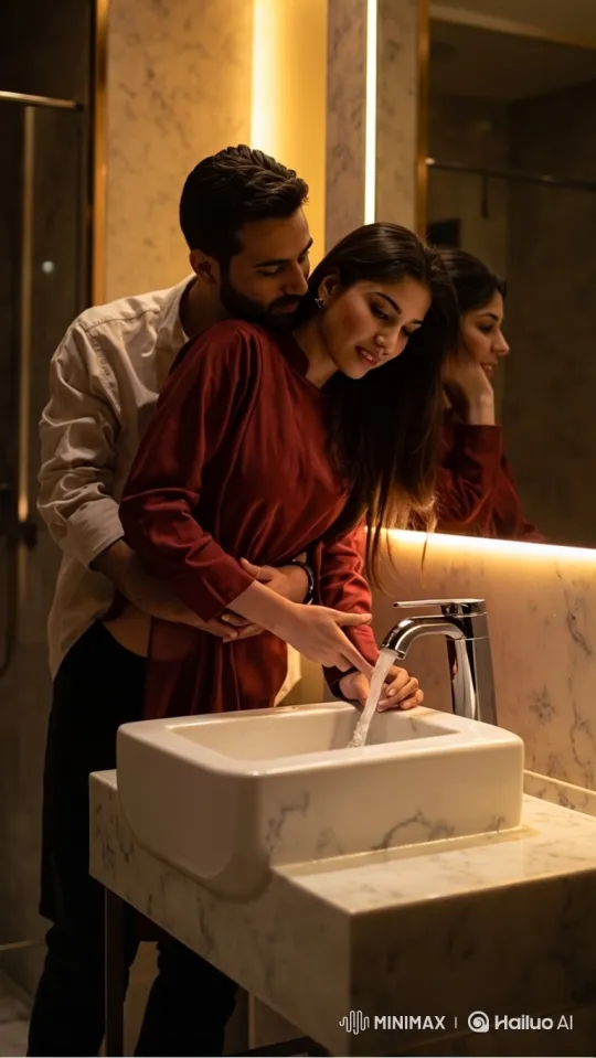 Intimate Couple Embrace in Luxurious Bathroom Setting – AI Generated Video | Hailuo AI