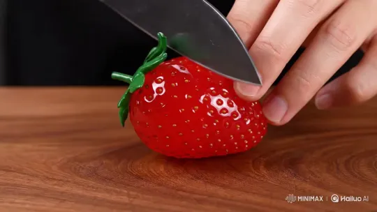 Strawberry Slicing: Slow Spread of Light Pink Slime – AI Generated Video | Hailuo AI