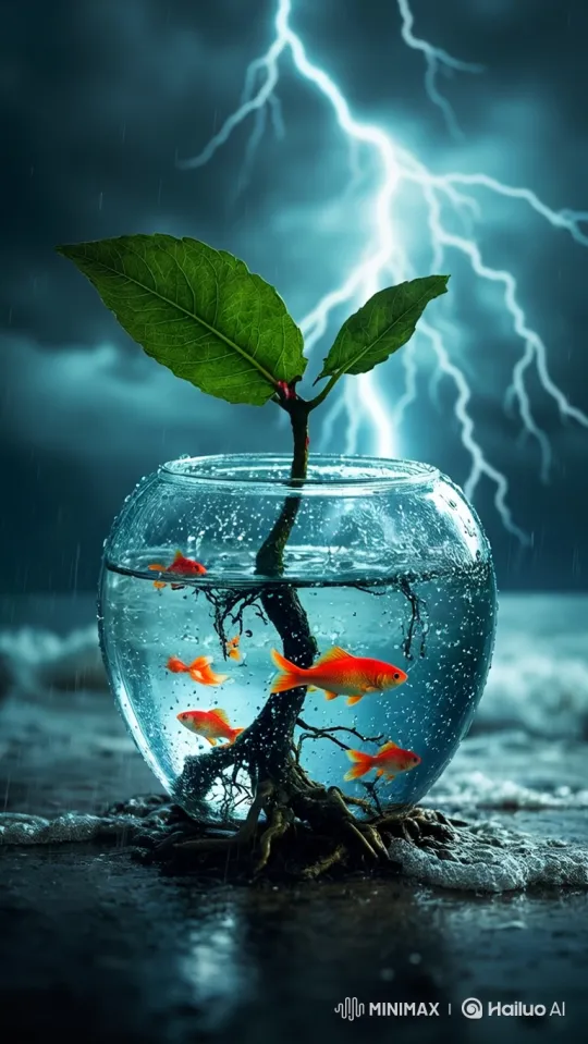 Surreal Coastal Scene with Fishbowl and Storm – AI Generated Video | Hailuo AI