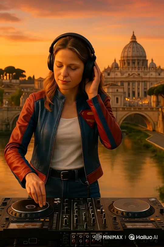 DJ with Sunset Cityscape Backdrop Smiles and Waves – AI Generated Video | Hailuo AI