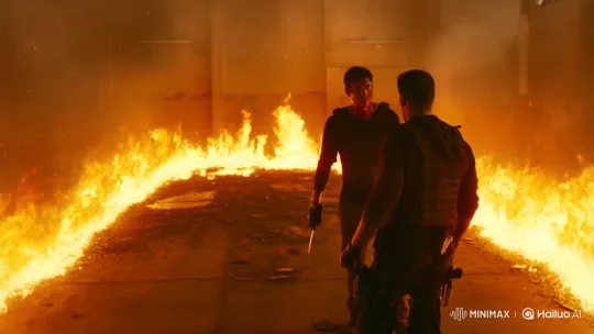 Elite Assassin Master Faces 100 Boi in Fiery Warehouse Standoff – AI Generated Video | Hailuo AI