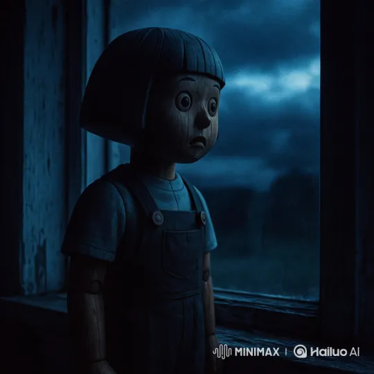 Static Doll Awakens to Touch Stormy Night Window – AI Generated Video | Hailuo AI