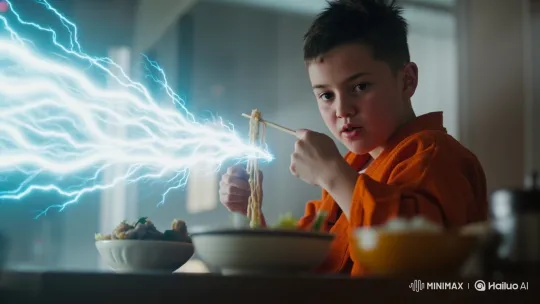 Boy Eats Electrically Charged Noodles with Mixed Emotions – AI Generated Video | Hailuo AI