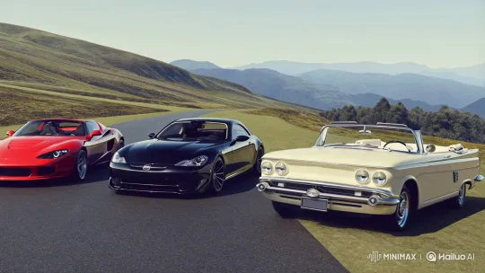 Mountain Road Display of Three Polished Cars – AI Generated Video | Hailuo AI