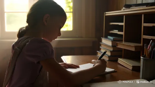 Young Girl Focused on Homework in Sunlit Room – AI Generated Video | Hailuo AI