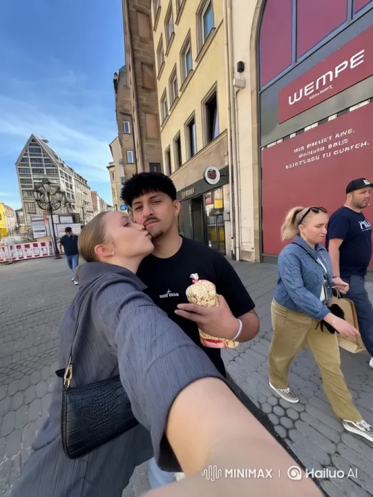 Couple and Blonde Girl Share Joyful Moment on City Street – AI Generated Video | Hailuo AI