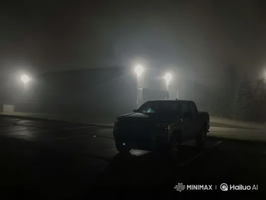 Rainy Night Drama: Pickup Truck in Foggy Parking Lot – AI Generated Video | Hailuo AI
