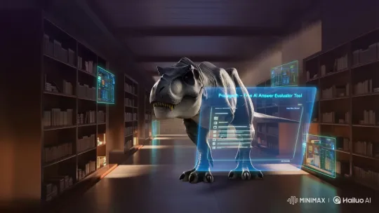 T-Rex Explains Smart UPSC Evaluation in Futuristic Library – AI Generated Video | Hailuo AI