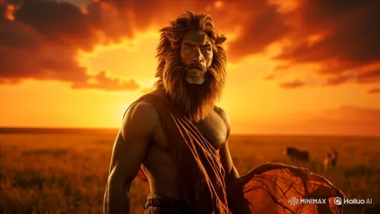 Lion-Headed Man Stands Vigilant in Sunset Savanna – AI Generated Video | Hailuo AI