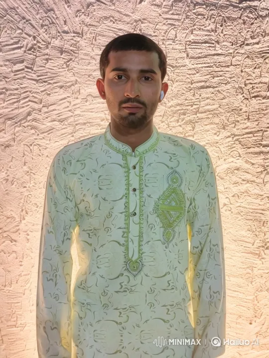 Man in Pale Green Tunic Gradually Smiles at Camera – AI Generated Video | Hailuo AI