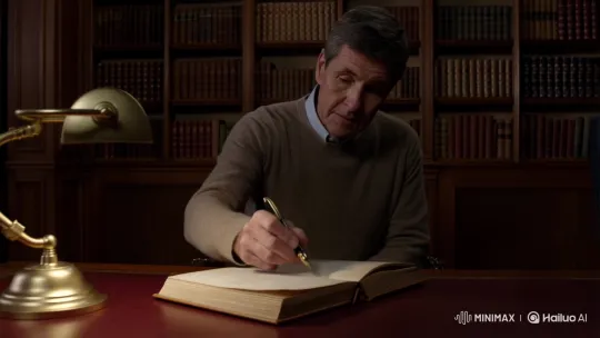 Middle-aged Man Writes Thoughtfully in Dimly Lit Study – AI Generated Video | Hailuo AI