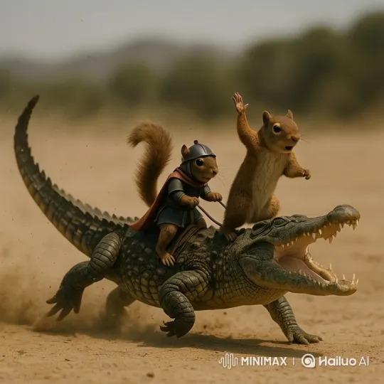 Squirrel-Riders Command Crocodile Steed in High-Speed Chase – AI Generated Video | Hailuo AI