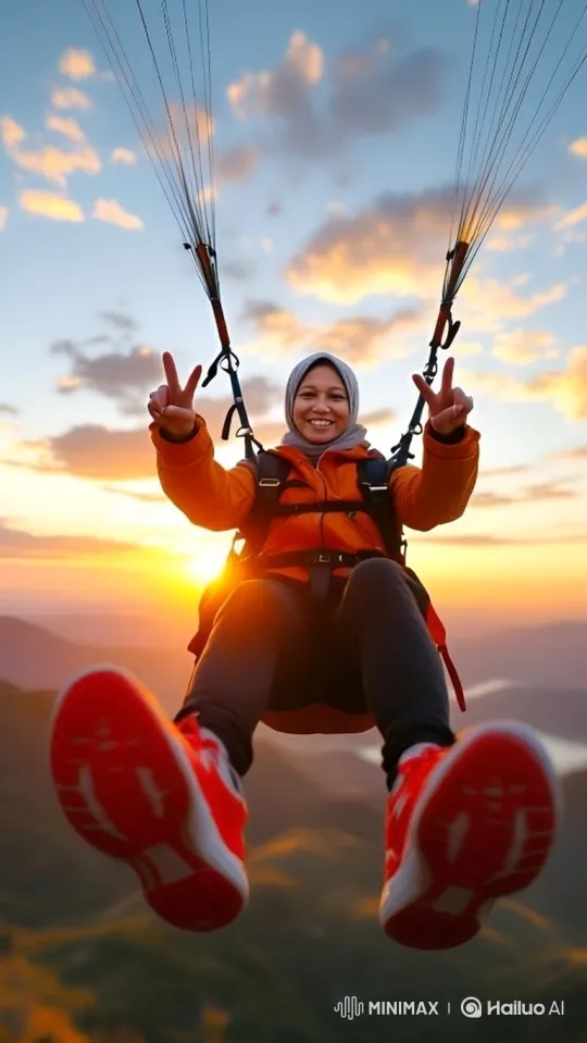 Joyful Woman Paragliding Over Mountains at Sunset – AI Generated Video | Hailuo AI