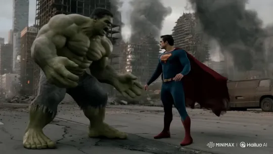 Hulk and Superman Battle in a Devastated Cityscape – AI Generated Video | Hailuo AI