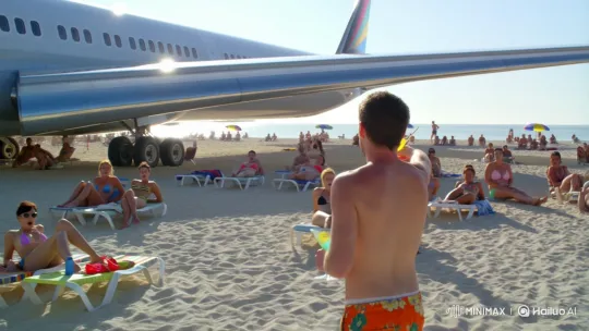 Passenger Plane Flies Low Over Beach, Man Places Cocktail on Wing – AI Generated Video | Hailuo AI