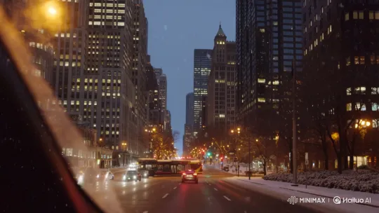 Chicago Winter Evening: Snowy Streetscape in Motion – AI Generated Video | Hailuo AI
