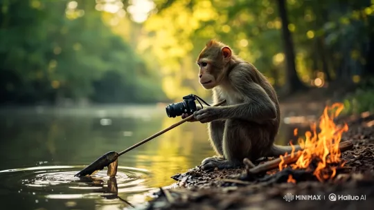 Macaque Monkey With Camera by Campfire at Water's Edge – AI Generated Video | Hailuo AI