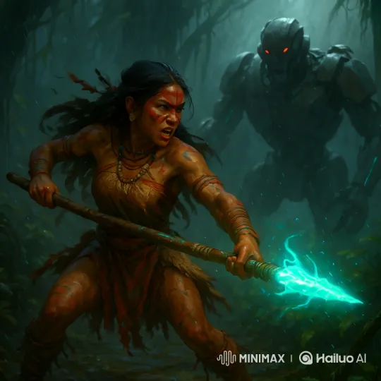 Fierce Warrior Faces Colossal Robot in Rainy Jungle Standoff – AI Generated Video | Hailuo AI