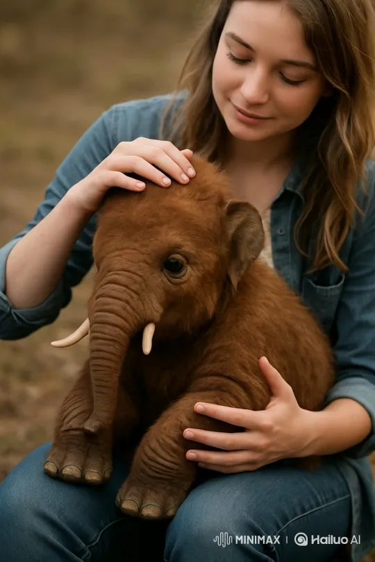 Young Woman Bonds with Baby Mammoth in Public – AI Generated Video | Hailuo AI