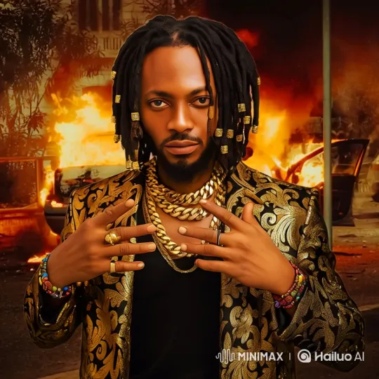 Man with Dreadlocks Performs in Front of Blazing Car Fires – AI Generated Video | Hailuo AI