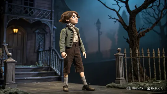 Victorian Boy Puppet Explores Foggy Gothic Street – AI Generated Video | Hailuo AI