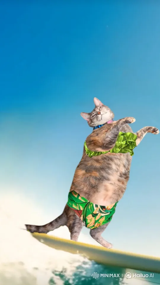 Chubby Calico Cat Masters Surfing on Massive Wave – AI Generated Video | Hailuo AI