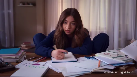Young Woman Inspired to Write Enthusiastically – AI Generated Video | Hailuo AI