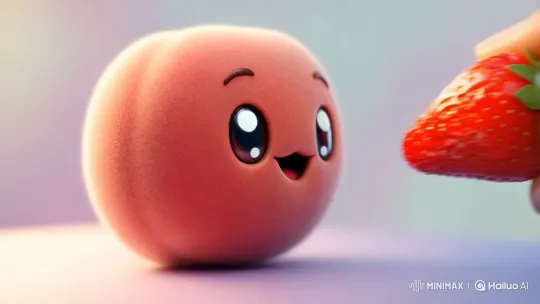 Hyper-Realistic Peach With Cartoon Eyes Eats Strawberry – AI Generated Video | Hailuo AI